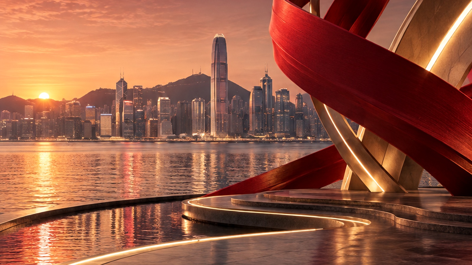 AI-generated G70 2026 National Day concept poster featuring an artistic Hong Kong skyline and a fictional red-and-gold sculptural form; not a photograph of a real event.